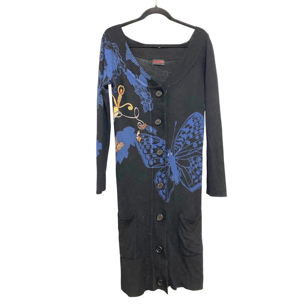 Gramm Y2K Moth Sword Black Knit Cardigan Sweater Duster Medium Goth‎ Alt Tattoo
